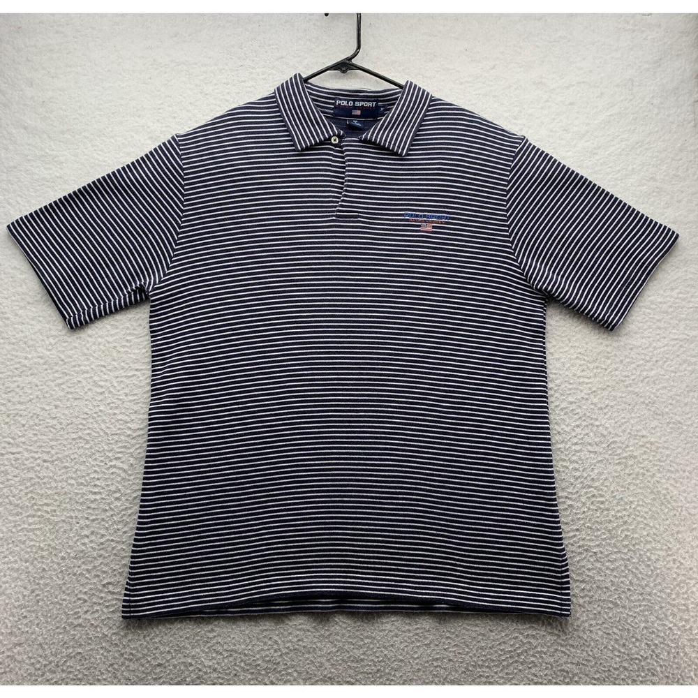 Polo Sport Ralph Lauren Polo Shirt Mens XL Blue White Striped Golf Flag Preppy